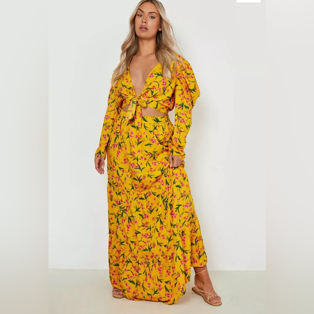 PLUS FLORAL MAXI SKIRT PUFF SLEEVE TWO-PIECE